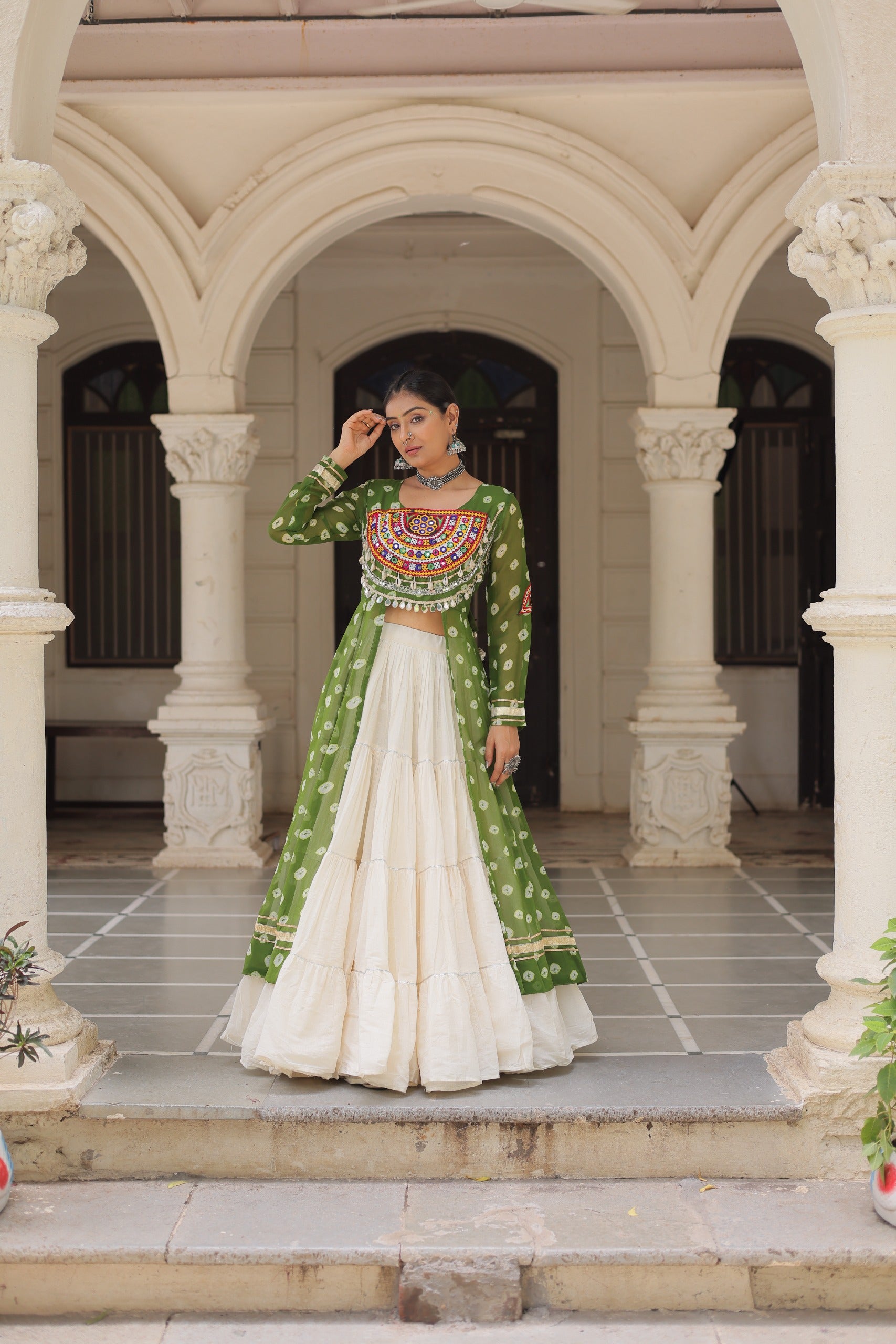 β¨  Navratri Collection - Bandhani Print Kurti with Kora Cotton Lehenga